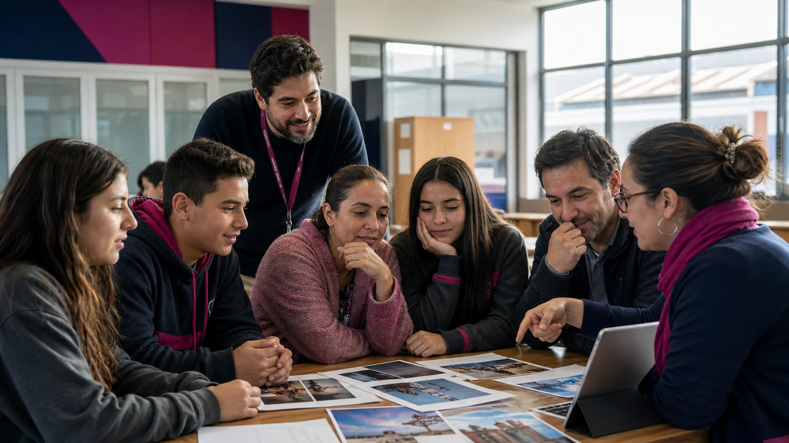 Estudiantes, familias y docentes participando juntos en un taller escolar sobre uso responsable de imágenes con IA