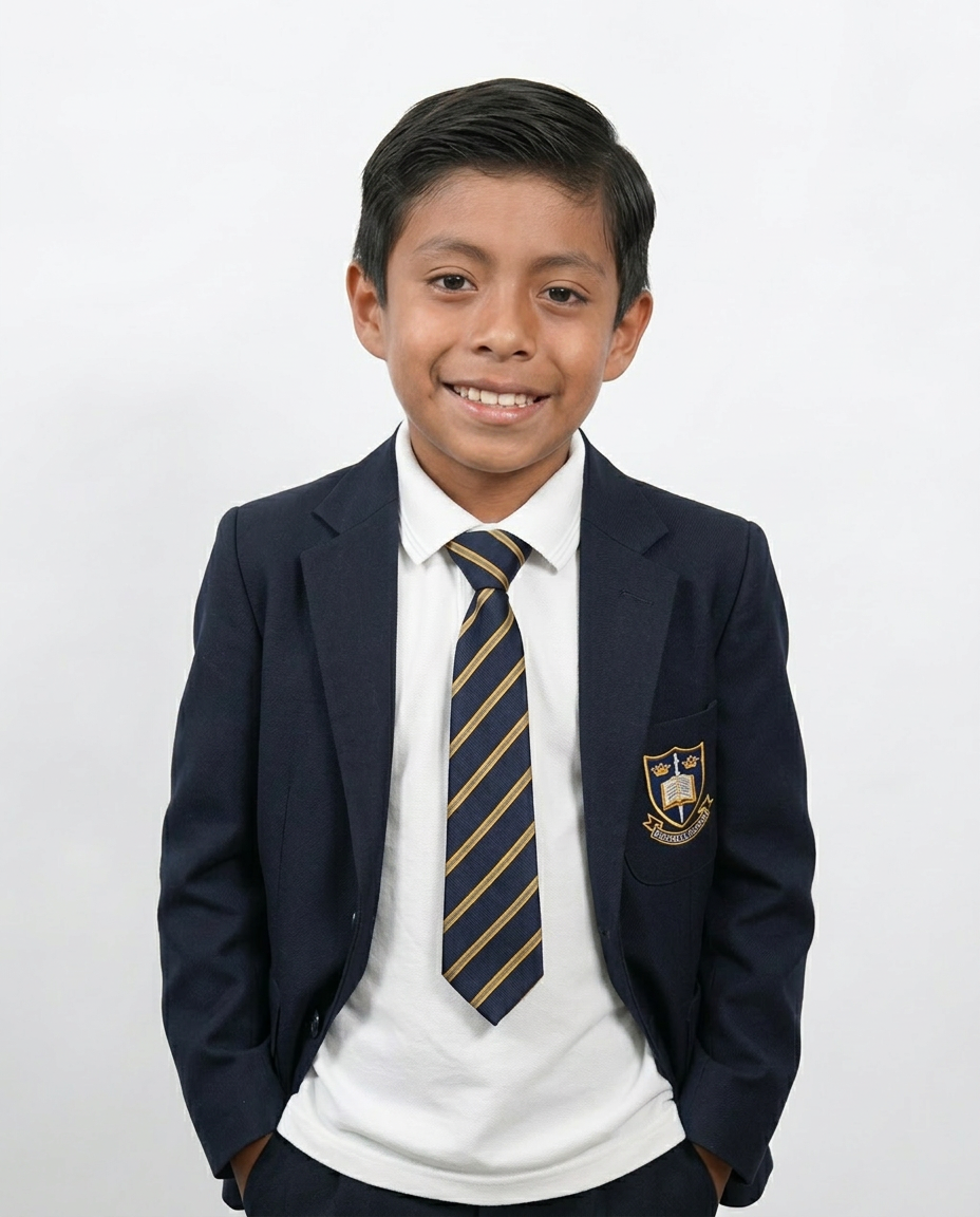 Comparación antes y después: niño con uniforme desordenado y manchado, después con saco y corbata formal