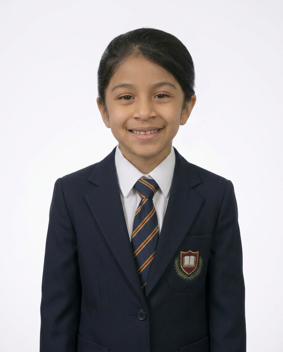 Comparación antes y después: niña con pelo despeinado y polo manchado, después peinada con uniforme limpio