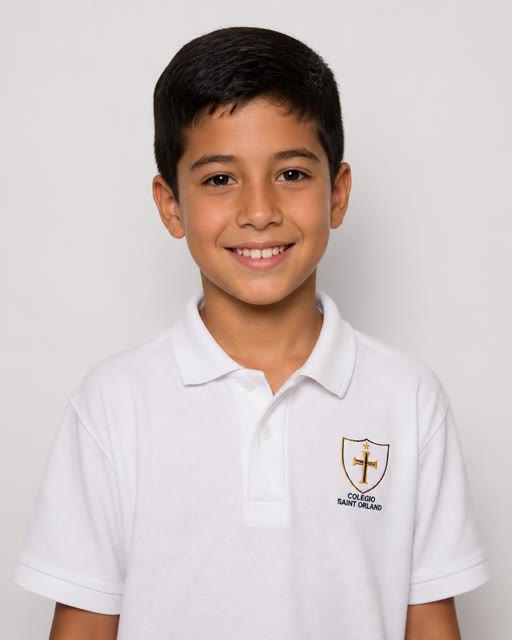 Estudiante varón con polo de colegio en retrato institucional generado con IA