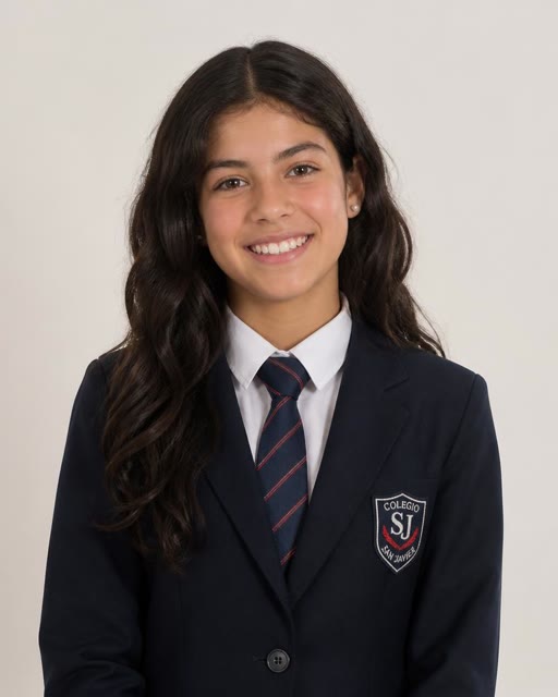 Estudiante mujer con uniforme formal de colegio chileno en retrato institucional con IA