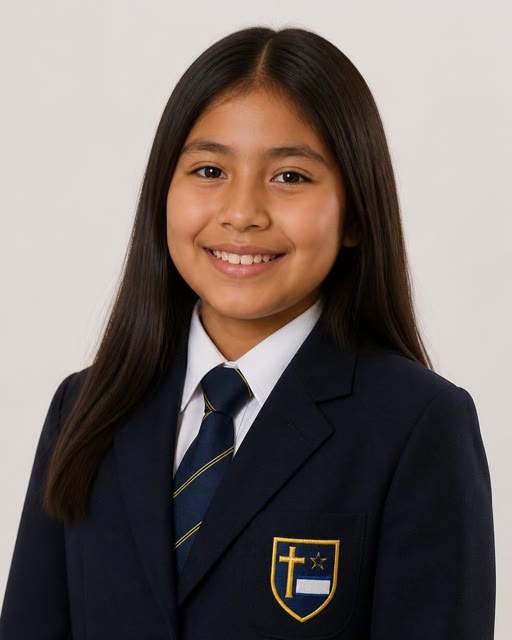 Estudiante mujer con uniforme formal de colegio en versión institucional generada con IA