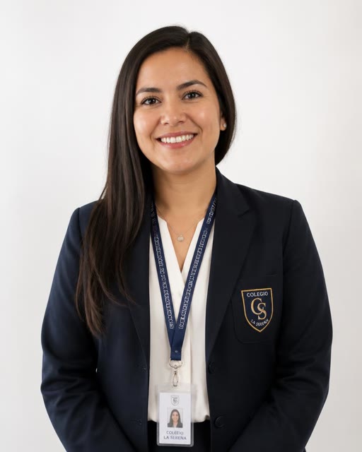 Profesora con retrato institucional de colegio chileno, fondo neutro y branding del colegio