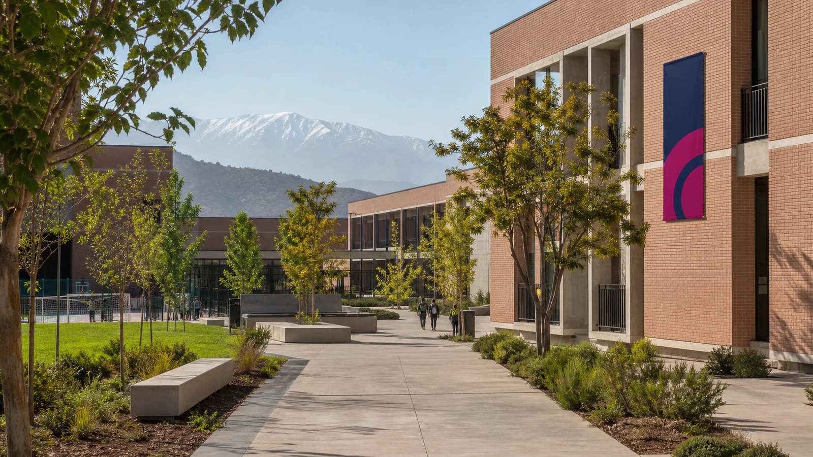 Ejemplo de fotografía institucional de un campus escolar contemporáneo