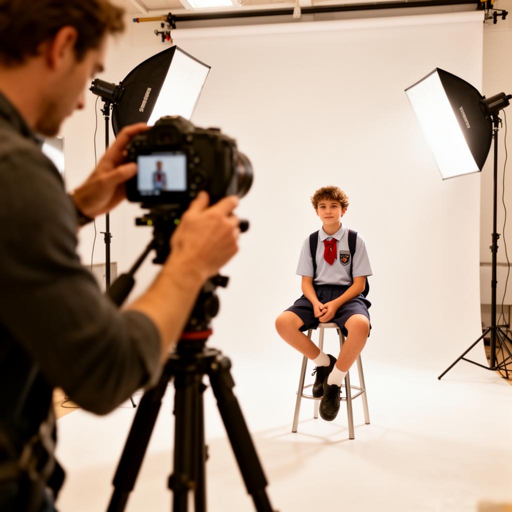 Sesión de fotografía escolar en estudio con fotógrafo y estudiante de uniforme de colegio