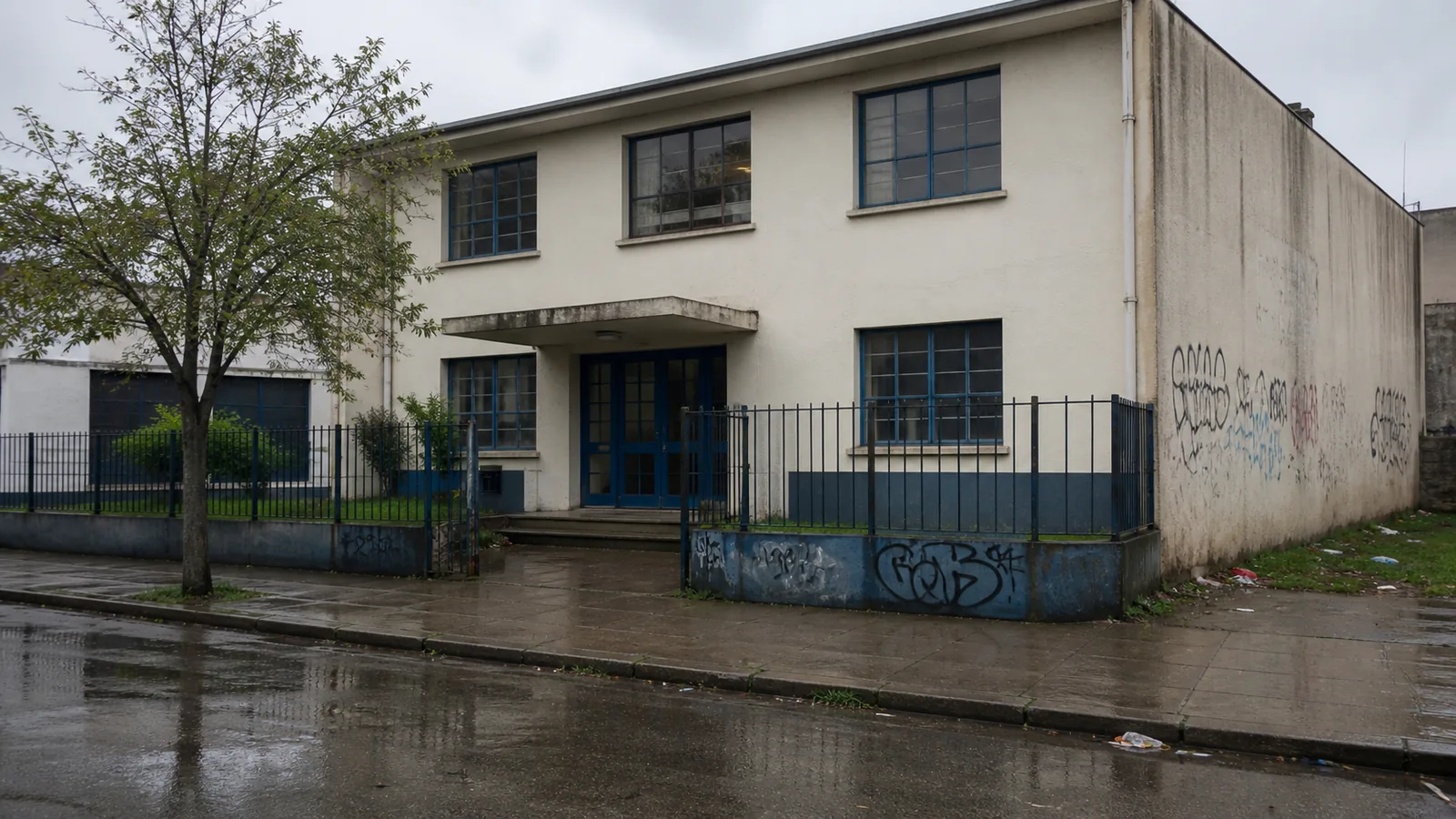 Entrada de un colegio en un día de lluvia, con estudiantes ingresando bajo paraguas